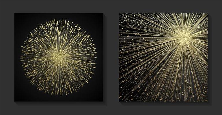 Golden backgrounds set with sunburst. Shiny gold retro rays, bright sunbeams. Vintage vector illustration. Bright background for christmas cards, luxury flyers or banners.