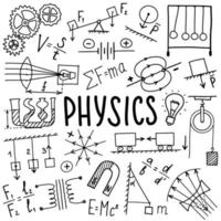 Phisics symbols icon set. Science subject doodle design. Education and study concept. Back to school sketchy background for notebook, not pad, sketchbook. vector