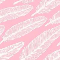 Feather seamless pattern. Hand drawn background with white doodle feathers on pink. Decorative design. Vector