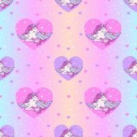 Rainbow seamless pattern with unicorns, and hearts on a holographic background. vector