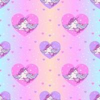 Rainbow seamless pattern with unicorns, and hearts on a holographic background. vector