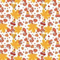 Seamless pattern with red berries, hearts, cars, baskets with berries and autumn leaves of orange, red and yellow flowers on a white background. vector