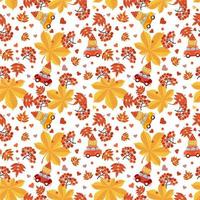 Seamless pattern with red berries, hearts, cars, baskets with berries and autumn leaves of orange, red and yellow flowers on a white background. vector