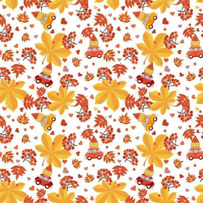 Seamless pattern with red berries, hearts, cars, baskets with berries and autumn leaves of orange, red and yellow flowers on a white background.