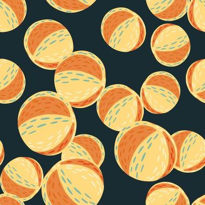 Random seamless pattern with light orange colored beach ball elements. Dark navy blue background.