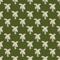 Light grey colored palm tree seamless doodle pattern in hand drawn style. Green olive background. vector