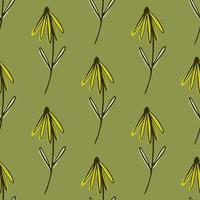 Yellow flower seamless pattern in hand drawn style. Botanic backdrop with olive pale background. vector