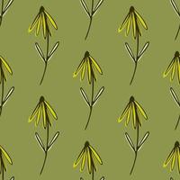 Yellow flower seamless pattern in hand drawn style. Botanic backdrop with olive pale background. vector