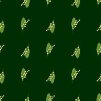 Seamless pattern with floral spring lily of the valley elements on dark green background. vector