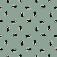 Geometric seamless pattern with black puffin cartoon silhouettes. Pastel green background. Simple design. vector