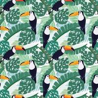 Seamless pattern toucans on botanical background. Abstract texture decoration with leaf monstera, palm and banana in green color. Fashion of summer nature jungle for print. vector