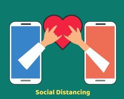 Social Distancing with COVID-19 crisis concept. There are  hands of sweetheart from smart phone that show about their love. Protect corona virus. Cartoon vector style for your design.