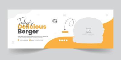 Portada de la línea de tiempo de redes sociales de hamburguesas deliciosas, plantilla de diseño de banner web promocional de comida saludable, diseño de banner de anuncios promocionales de comida rápida de restaurante descarga profesional vector