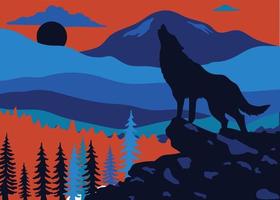 Wildlife painting wolf mountain moonlight sketch silhouette decor vector