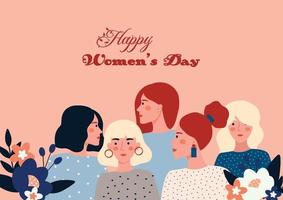 tarjeta del día de la mujer feliz con cinco mujeres vector