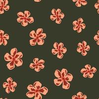 Random seamless pattern with pink daisy flower ornament. Dark green pale background. Botanic artwork. vector