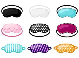 Set sleep mask with different design on white background. Kit face mask for sleeping human with polka dot, striped, with lace and stars in flat style vector