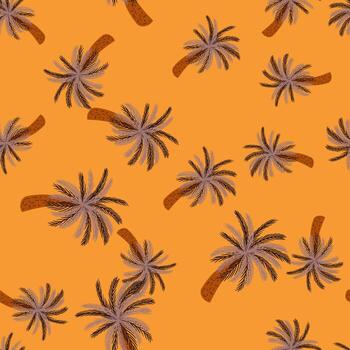 patrón aleatorio sin costuras con estampado de formas de palmeras de color púrpura pálido. fondo naranja estampado hawaiano de verano. vector