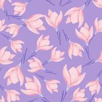 Seamless doodle pattern with pink crocus flower simple ornament. Pastel purple background. Floral backdrop. vector