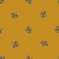 Little purple bells seamless pattern in floral theme. Orange background. Minimalistic style. Summer time print. vector