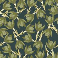 Green colored crocus flowers random seamless pattern in dark tones. Navy blue background. Nature creative print. vector