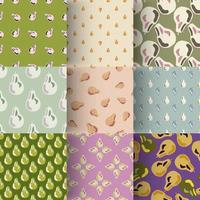 Set of pear seamless pattern in scandinavian style. Food backdrop collection. Simple fruit shapes background. vector