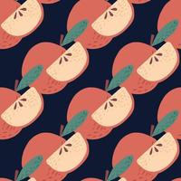 Abstract seamless patten with pink apple and apple slices ornament. Navy blue background. vector