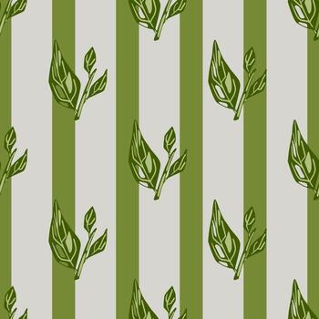 Abstract botanical seamless pattern with contoured leaf branches. Striped grey and green background. vector