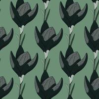 Vintage botanic seamless pattern with dark grey outline crocus element shapes. Light green background. vector