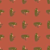 Tropic animal marine seamless pattern with amphibian green olive frog shapes. Pale dark pink background. vector