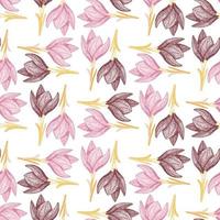 Isolated seamless random pattern with pink and brown crocus flowers ornament. Floral decorative backdrop. vector