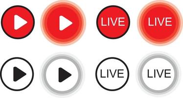 Live streaming icon set. live icon. Online stream. Video play. Red symbols and buttons of live streaming. Play button icon set vector