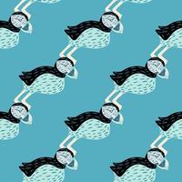 Bright seamless pattern with doodle abstract puffin birds elements. Blue background. Simple doodle backdrop. vector