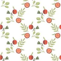 Isolated seamless patern with green leaf branches and red apples print. White background. vector