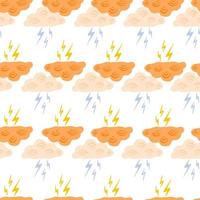 Clouds with lightning of seamless pattern. Cute hand drawn background. vector