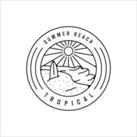 diseño de icono de plantilla de ilustración de vector simple minimalista de logotipo de arte de línea de isla tropical. tabla de surf y concepto lineal de playa de verano con tipografía de insignia circular