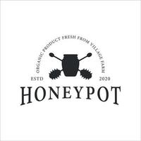 Honeypot logo vintage vector logo ilustración plantilla icono diseño. tipografía de abeja de miel y concepto de etiqueta de logotipo