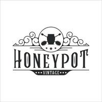 Honeypot logo vintage vector ilustración plantilla icono diseño gráfico. logotipo de abeja y tipografía con arte de línea retro con insignia circular