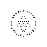 diseño de icono de plantilla de ilustración de vector de logotipo de arte de línea de playa de olas de surf. paraíso con estilo de tipografía minimalista simple