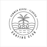 surfing beach logo line art simple minimalist vector illustration template icon design. paradise with palm or coconut tree  with badge typography style