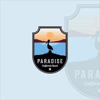 playa o paraíso emblema logo moderno vintage vector ilustración plantilla icono diseño gráfico. pelícano en el signo o símbolo al aire libre para la aventura de viaje