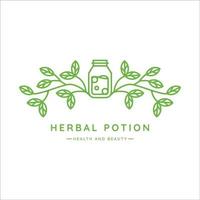 jar and leaf logo line art vector illustration template icon design. herbal potion wit natural concept for company