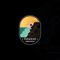 playa o paraíso emblema logo moderno vintage vector ilustración plantilla icono diseño gráfico. pam o cocotero en el signo o símbolo al aire libre para la aventura de viaje