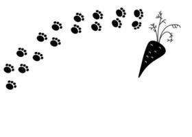 Rabbit foot print steps path and carrot vector doodle hand drawn background.