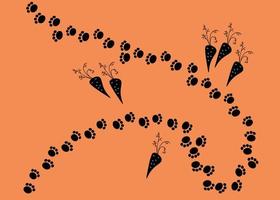 Rabbit foot print steps path and carrot vector doodle hand drawn background.