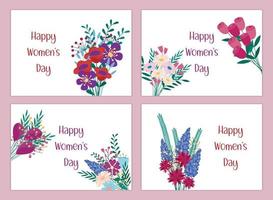 Happy Womens Day greeting cards. Vector set of spring holiday postcards. Bouquet of flowers isolated as gift for woman, blossom bunches and text. Collection of flat illustrations