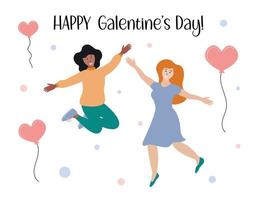 Happy Galentines Day poster. Friends women have fun together at Galentines party on February 13. Female holiday. Vector flat concept illustration