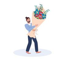 Man holding large bouquet of flowers.  Happy smiling male person carrying big blossom bunch. Vector flat illustration for Womens day, birthday, Valentines or other holiday
