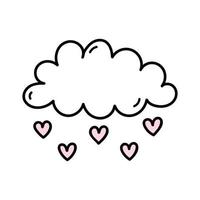 Linda nube con lluvia de corazones aislada sobre fondo blanco. ilustración vectorial dibujada a mano en estilo garabato. perfecto para diseños, tarjetas, invitaciones, decoraciones del día de san valentín. vector