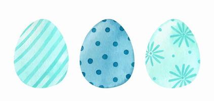juego de acuarela con huevos de pascua decorados en colores azules vector